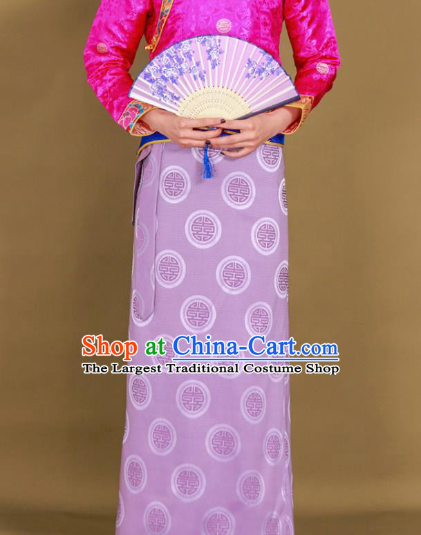 Chinese Tibetan Ethnic Lilac Brocade Skirt Traditional Zang Nationality Heishui Dance Clothing