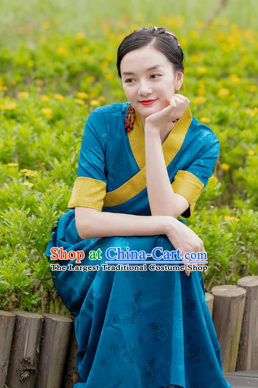 China Traditional Tibetan Blue Brocade Bola Dress Costume Zang Nationality Minority Woman Clothing