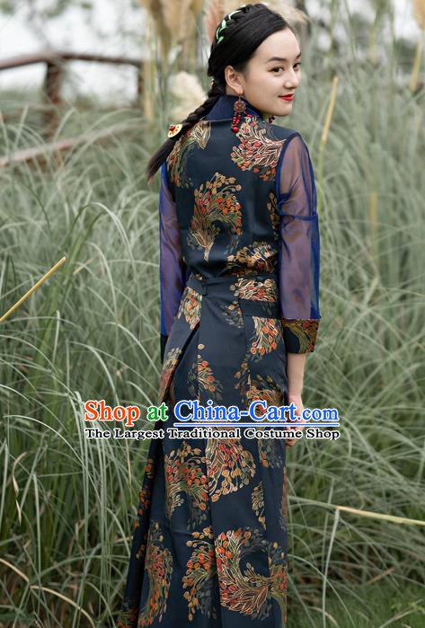 China Traditional Tibetan Woman Navy Blue Bola Dress Costume Zang Nationality Minority Stage Performance Clothing