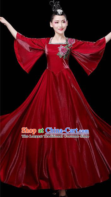 China Woman Chorus Wine Red Dress Spring Festival Gala Opening Dance Modern Dance Clothing