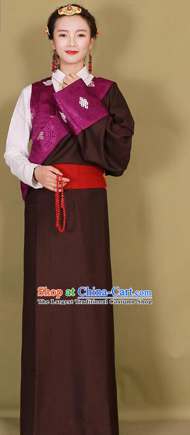 China Xizang Ethnic Folk Dance Clothing Traditional Brown Tibetan Robe Zang Minority Woman Costume