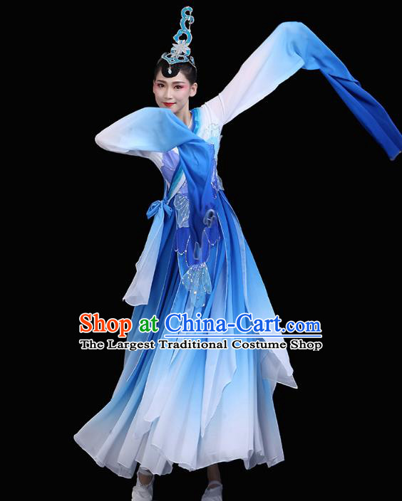 Chinese Traditional Woman Group Lotus Dance Costume Classical Dance Clothing Water Sleeve Dance Blue Dress