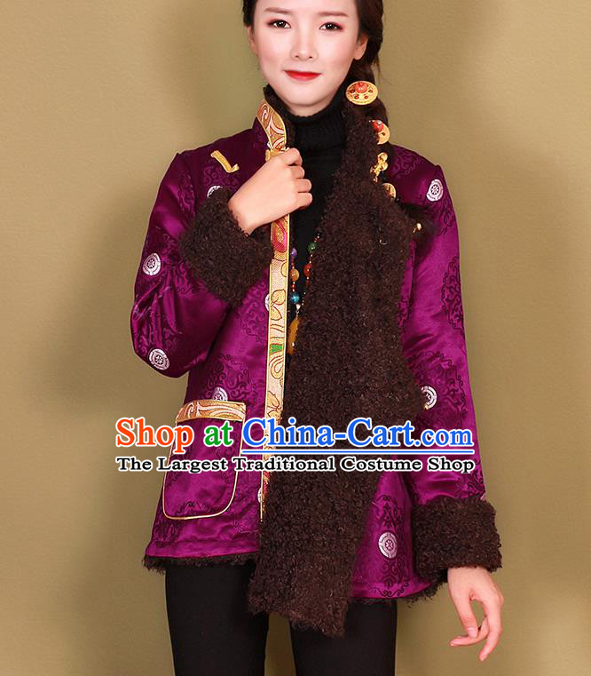 Chinese Traditional Winter Clothing Tibetan Ethnic Purple Brocade Cotton Wadded Jacket Zang Nationality Woman Outer Garment