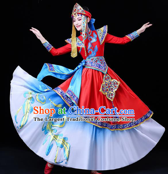 Chinese Mongol Ethnic Wedding Bride Dress Traditional Mongolian Nationality Folk Dance Costume and Headwear