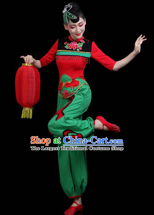 China Jiaozhou Yangko Dance Clothing Traditional Folk Dance Fan Dance Green Outfits