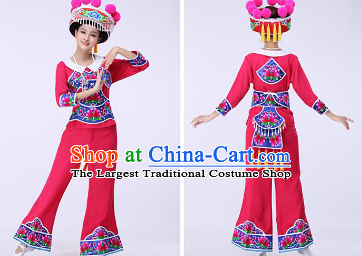 Chinese Liangshan Ethnic Stage Performance Rosy Outfits Traditional Yi Nationality Folk Dance Costumes