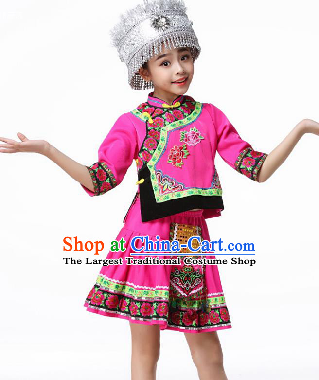 Chinese Hmong Ethnic Folk Dance Clothing Traditional Miao Minority Children Performance Rosy Dress Outfits