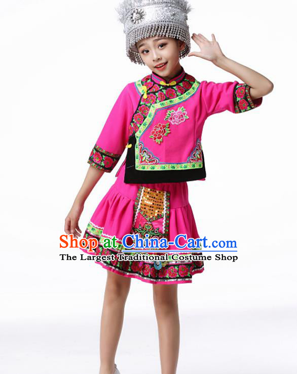 Chinese Hmong Ethnic Folk Dance Clothing Traditional Miao Minority Children Performance Rosy Dress Outfits