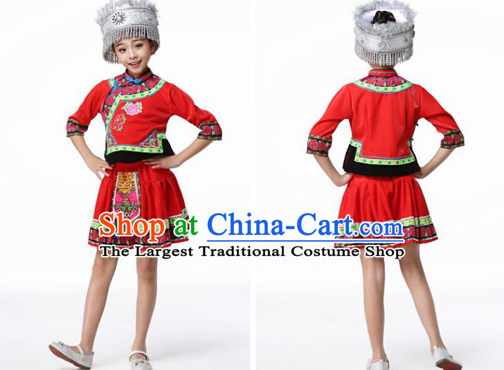 Chinese Hmong Ethnic Girl Performance Clothing Traditional Miao Minority Children Dance Red Dress Outfits