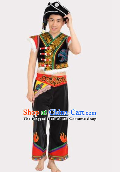 Chinese Traditional Yi Minority Male Stage Performance Black Outfits Liangshan Ethnic Folk Dance Clothing