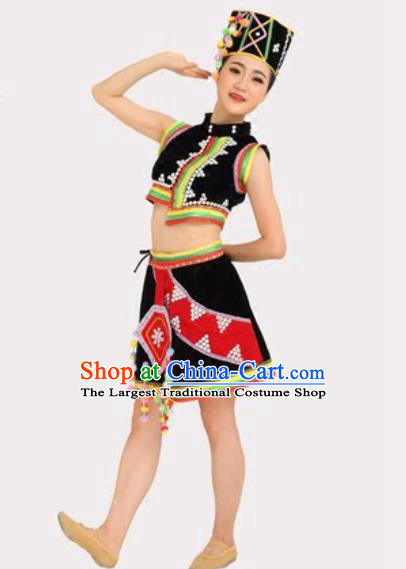 Chinese Yunnan Ethnic Stage Performance Black Dress Outfits Traditional Dai Nationality Folk Dance Costumes