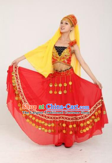 Chinese Xinjiang Ethnic Dance Red Dress Outfits Traditional Uygur Nationality Performance Female Costumes