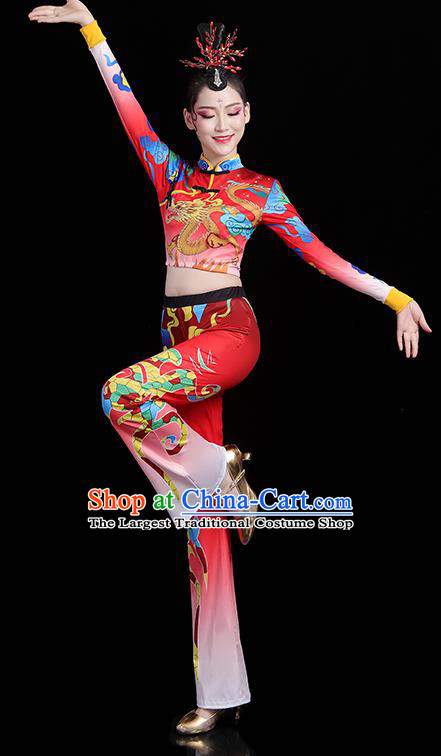 China Bodybuilding Competition Printing Dragon Red Outfits Aerobics Training Clothing Modern Dance Costume