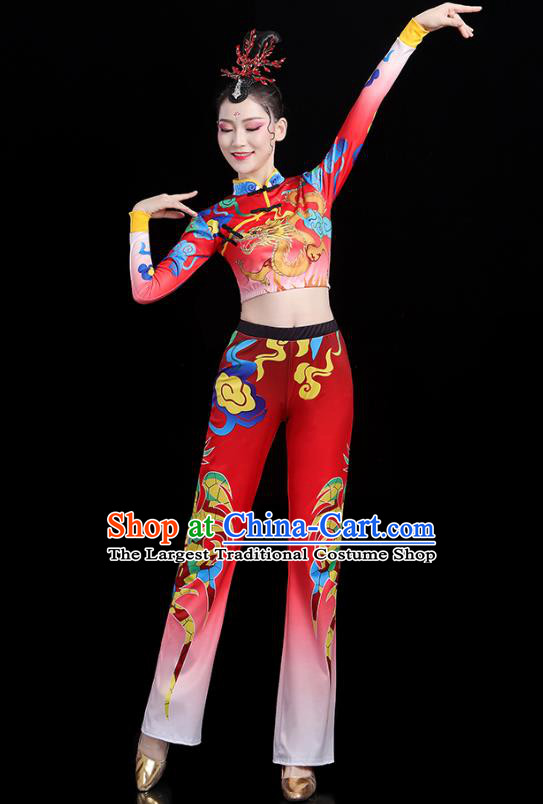 China Bodybuilding Competition Printing Dragon Red Outfits Aerobics Training Clothing Modern Dance Costume