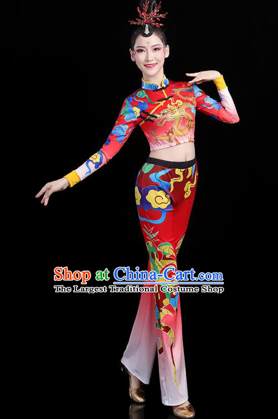 China Bodybuilding Competition Printing Dragon Red Outfits Aerobics Training Clothing Modern Dance Costume