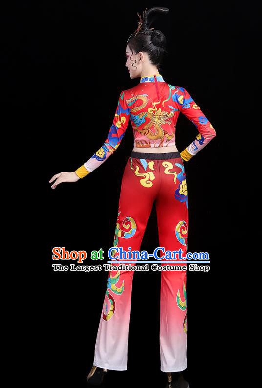 China Bodybuilding Competition Printing Dragon Red Outfits Aerobics Training Clothing Modern Dance Costume