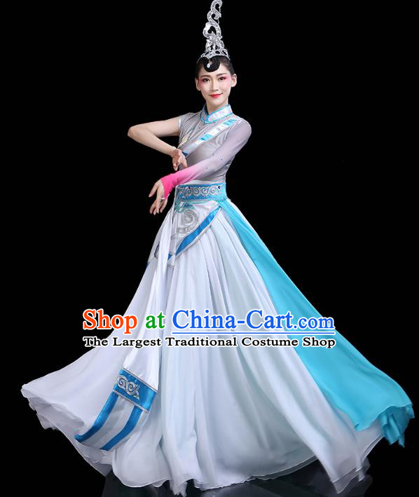 Chinese Tibetan Ethnic Stage Performance White Dress Traditional Zang Nationality Folk Dance Costume