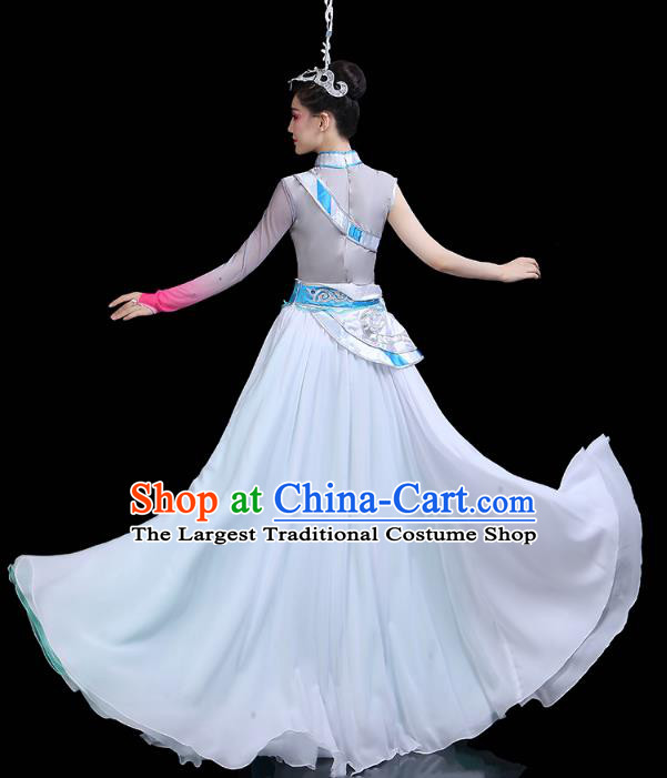 Chinese Tibetan Ethnic Stage Performance White Dress Traditional Zang Nationality Folk Dance Costume