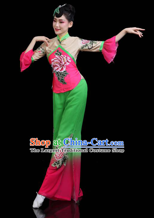 China Yangko Dance Clothing Traditional Folk Dance Fan Dance Printing Peony Outfits