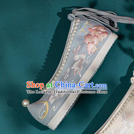China Embroidered Rabbits Pearls Shoes Traditional Ming Dynasty Princess Shoes Handmade Hanfu Blue Bow Shoes