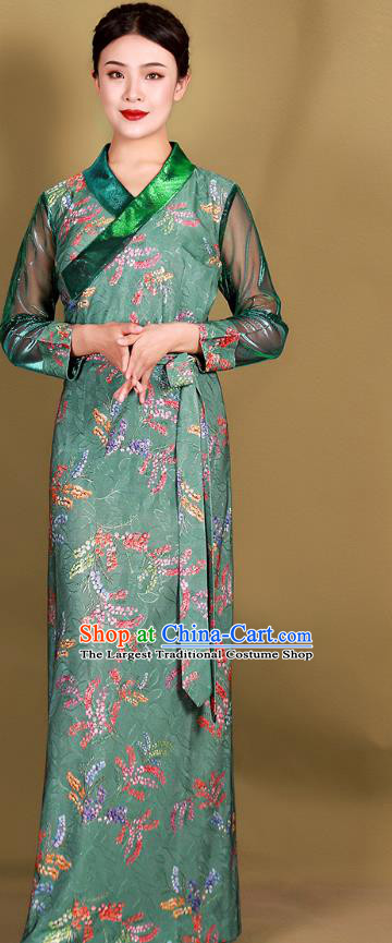 China Traditional Zang Nationality Minority Clothing Tibetan Kangba Woman Green Bola Dress