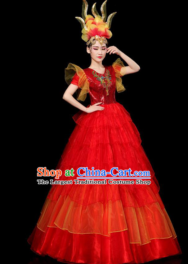 China Spring Festival Gala Opening Dance Red Dress Chorus Group Performance Clothing