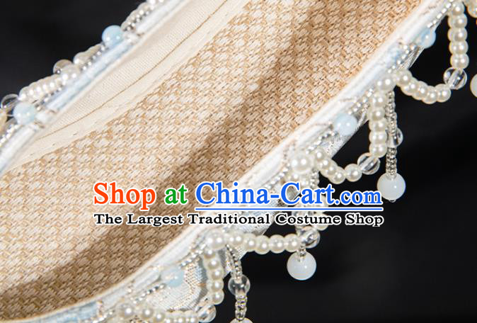 China Traditional Ming Dynasty Hanfu Shoes Handmade Light Blue Satin Shoes Ancient Princess Beads Tassel Shoes