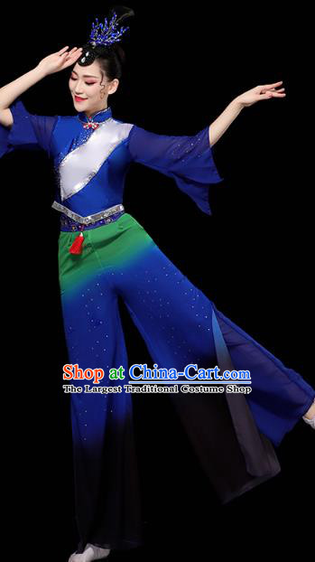 China Folk Dance Deep Blue Outfits Yangko Dance Performance Clothing Traditional Fan Dance Costume