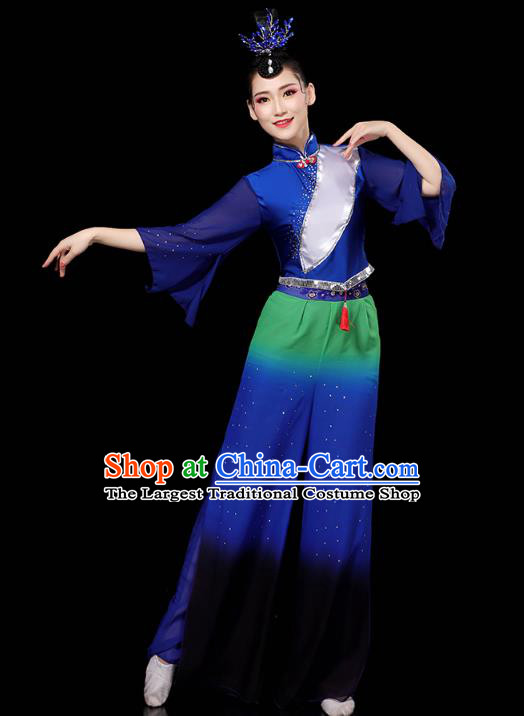 China Folk Dance Deep Blue Outfits Yangko Dance Performance Clothing Traditional Fan Dance Costume