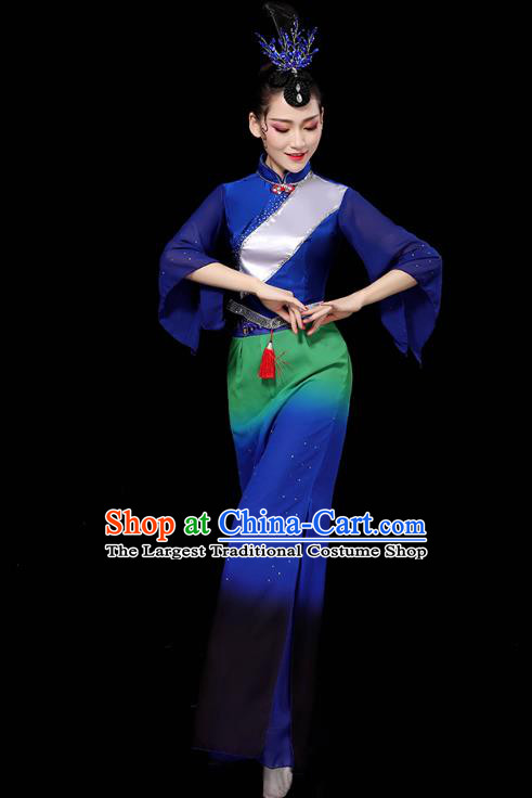 China Folk Dance Deep Blue Outfits Yangko Dance Performance Clothing Traditional Fan Dance Costume