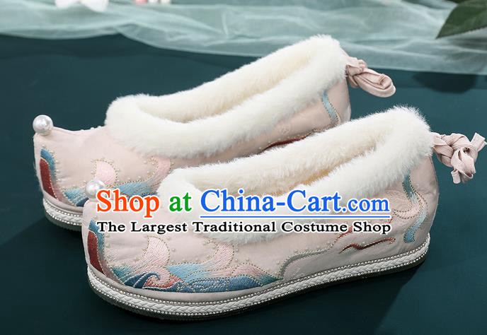 China National Woman Winter Shoes Traditional Ming Dynasty Princess Shoes Ancient Hanfu Embroidered Bow Shoes