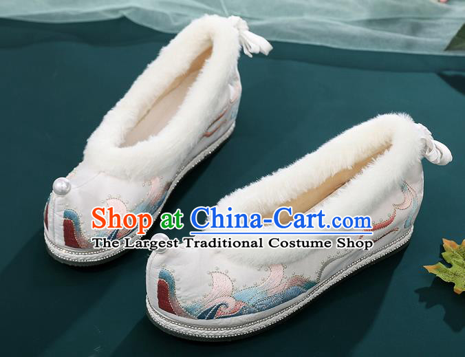 China Ancient Hanfu Embroidered Bow Shoes National Woman Winter White Cloth Shoes Traditional Ming Dynasty Princess Shoes