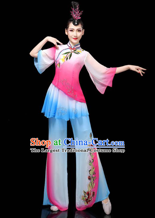 China Traditional Fan Dance Costume Folk Dance Performance Rosy Outfits Yangko Dance Clothing