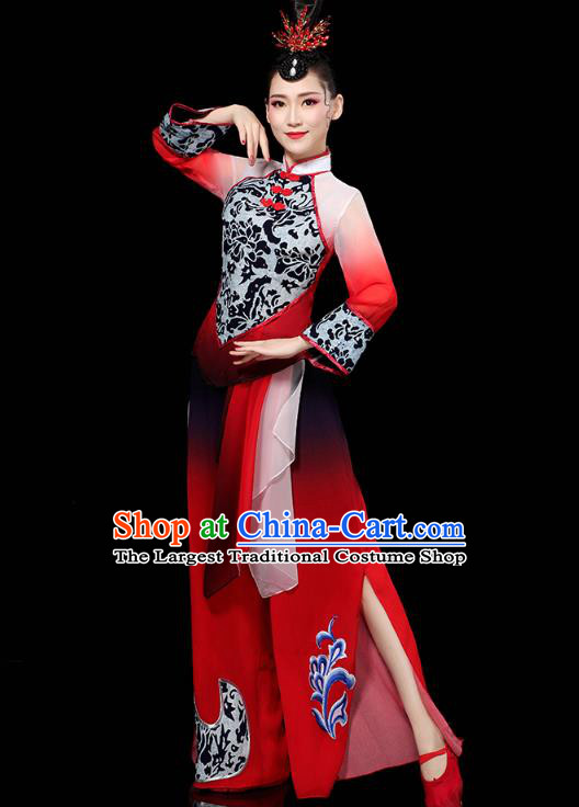 China Traditional Fan Dance Performance Costume Folk Dance Red Outfits Yangko Group Dance Clothing