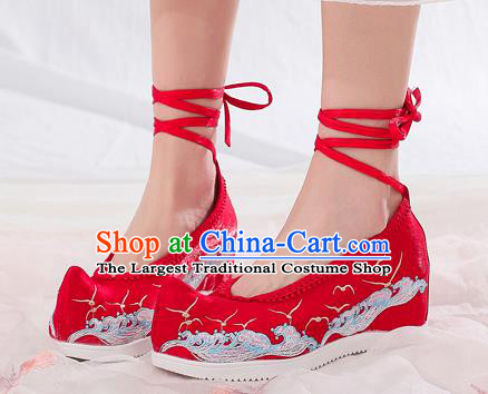 China National Woman Wedges Shoes Traditional Embroidered Waves Shoes Handmade Wedding Red Cloth Shoes