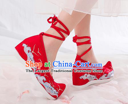 China National Woman Wedges Shoes Traditional Embroidered Waves Shoes Handmade Wedding Red Cloth Shoes