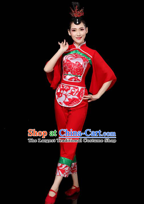 China Folk Dance Drum Dance Red Outfits Traditional Yangko Dance Clothing Fan Dance Costume
