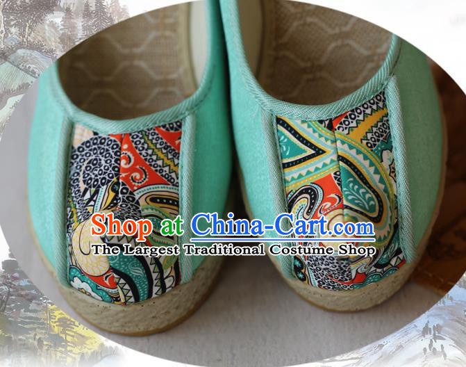 Chinese Yunnan Ethnic Woman Wedge Heel Shoes National Embroidered Green Cloth Shoes