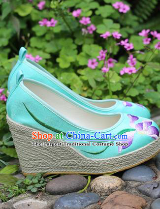 Chinese National Embroidered Orchids Green Satin Shoes Yunnan Ethnic Folk Dance Wedge Heel Shoes