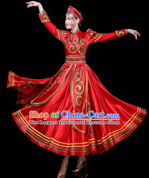 Chinese Mongol Ethnic Folk Dance Red Dress Traditional Mongolian Nationality Wedding Bride Costume