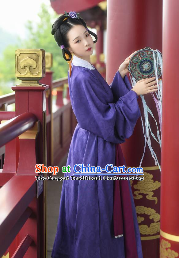 China Tang Dynasty Young Lady Historical Costume Ancient Court Maid Purple Hanfu Robe