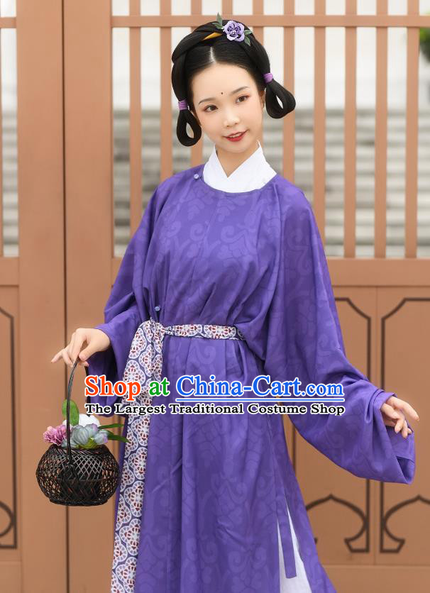 China Tang Dynasty Young Lady Historical Costume Ancient Court Maid Purple Hanfu Robe