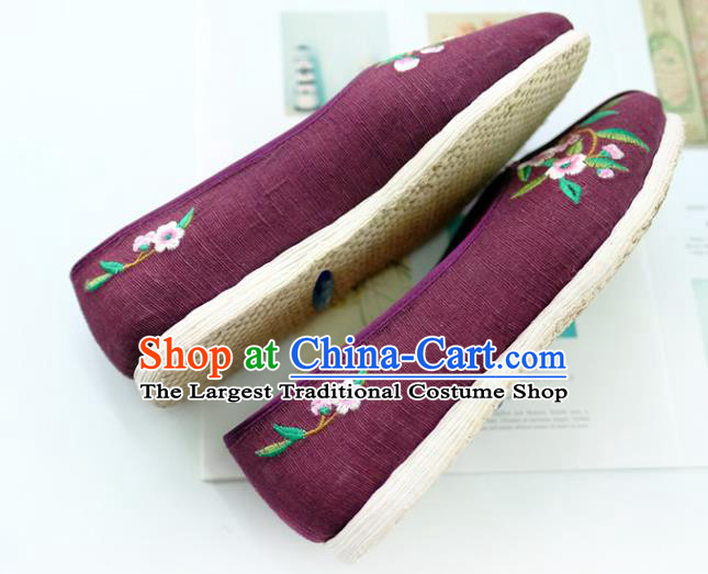 China Traditional Folk Dance Shoes Handmade Purple Cloth Shoes Embroidered Flowers Shoes