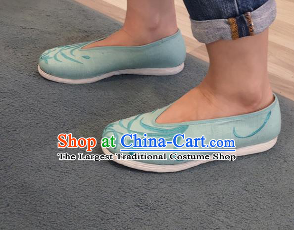 China Traditional Qing Dynasty Court Lady Shoes Handmade Blue Cloth Shoes Embroidered Orchids Shoes
