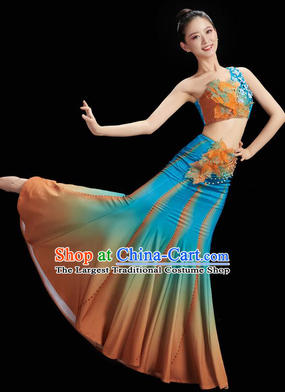 Chinese Yunnan Ethnic Peacock Dance Blue Dress Outfits Traditional Dai Nationality Folk Dance Costumes