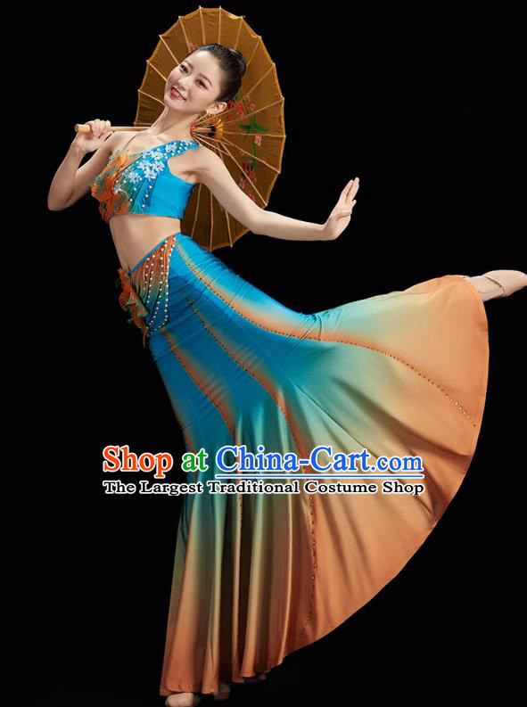 Chinese Yunnan Ethnic Peacock Dance Blue Dress Outfits Traditional Dai Nationality Folk Dance Costumes