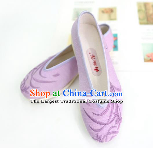 China Embroidered Orchids Shoes Traditional Qing Dynasty Court Lady Shoes Handmade Violet Cloth Shoes