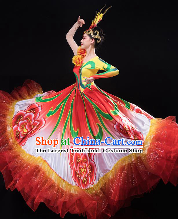 Chinese Traditional Spring Festival Gala Woman Group Dance Red Dress Peony Dance Opening Dance Costume