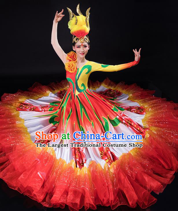 Chinese Traditional Spring Festival Gala Woman Group Dance Red Dress Peony Dance Opening Dance Costume