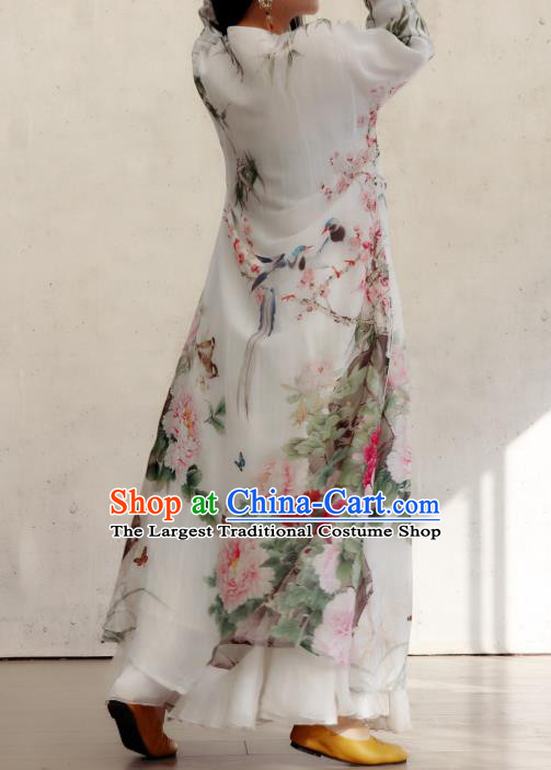 Chinese Traditional Printing Peony White Qipao Dress Stand Collar Cheongsam National Woman Costume